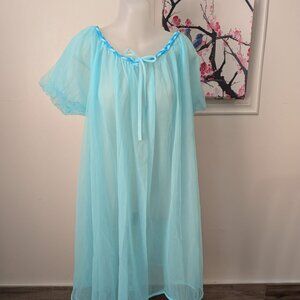 Vintage Sheer Blue Babydoll Peignoir Set 2 Piece Flowy See Through Lingerie